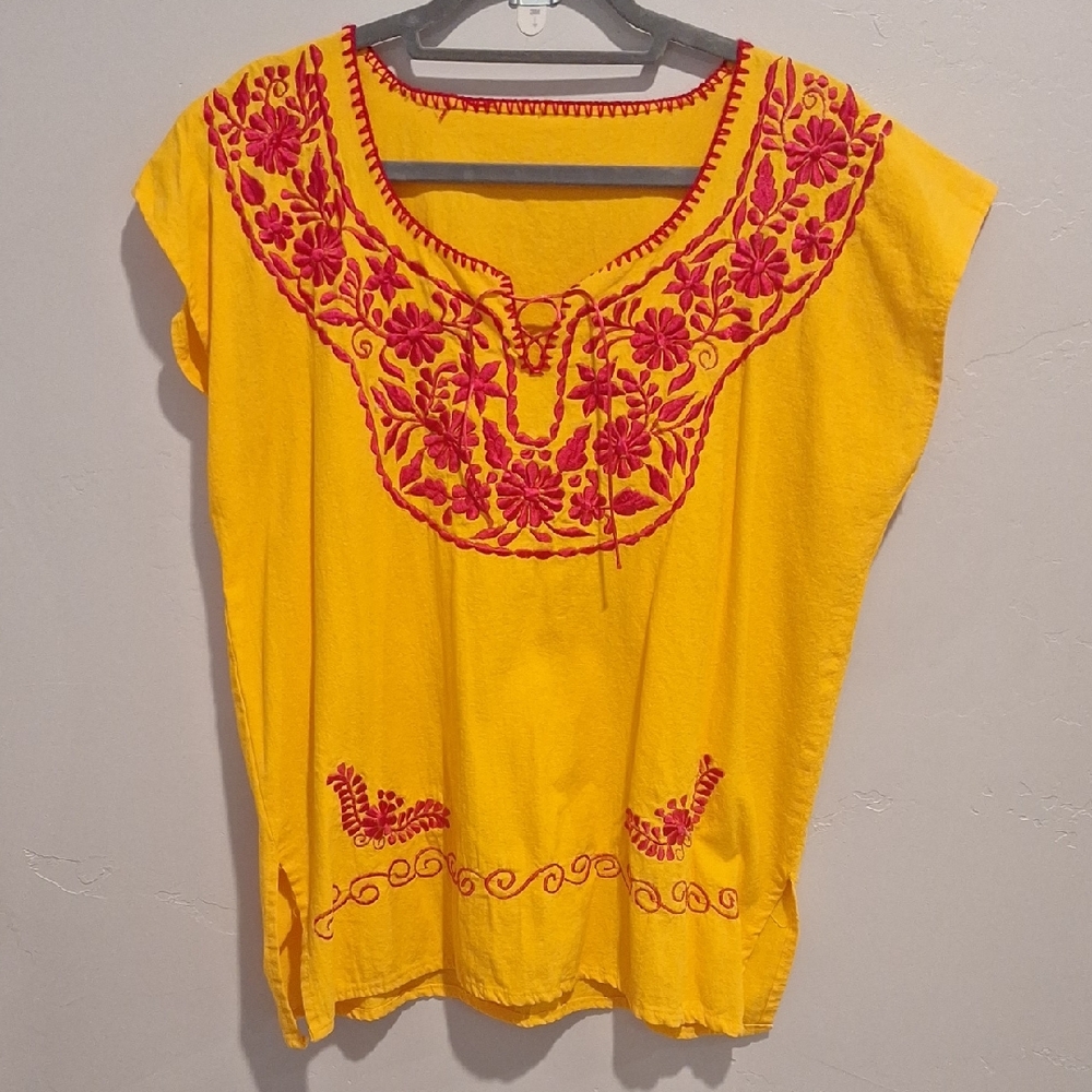 Hand Embroidered Mexican Vibrant Yellow And Pink Blouse